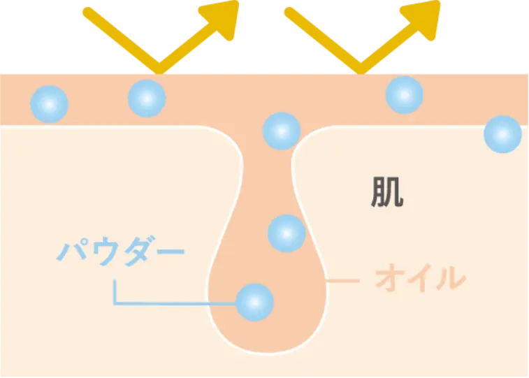 パウダーとオイルが肌の凹凸を整えるイメージ図